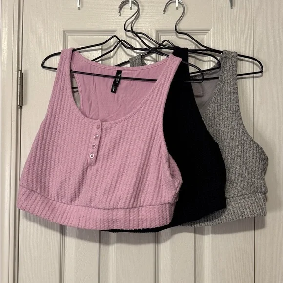 Torrid Gray, Pink, Black Super Soft Plush Waffle Crop Lounge Cami Bundle - Picture 1 of 13